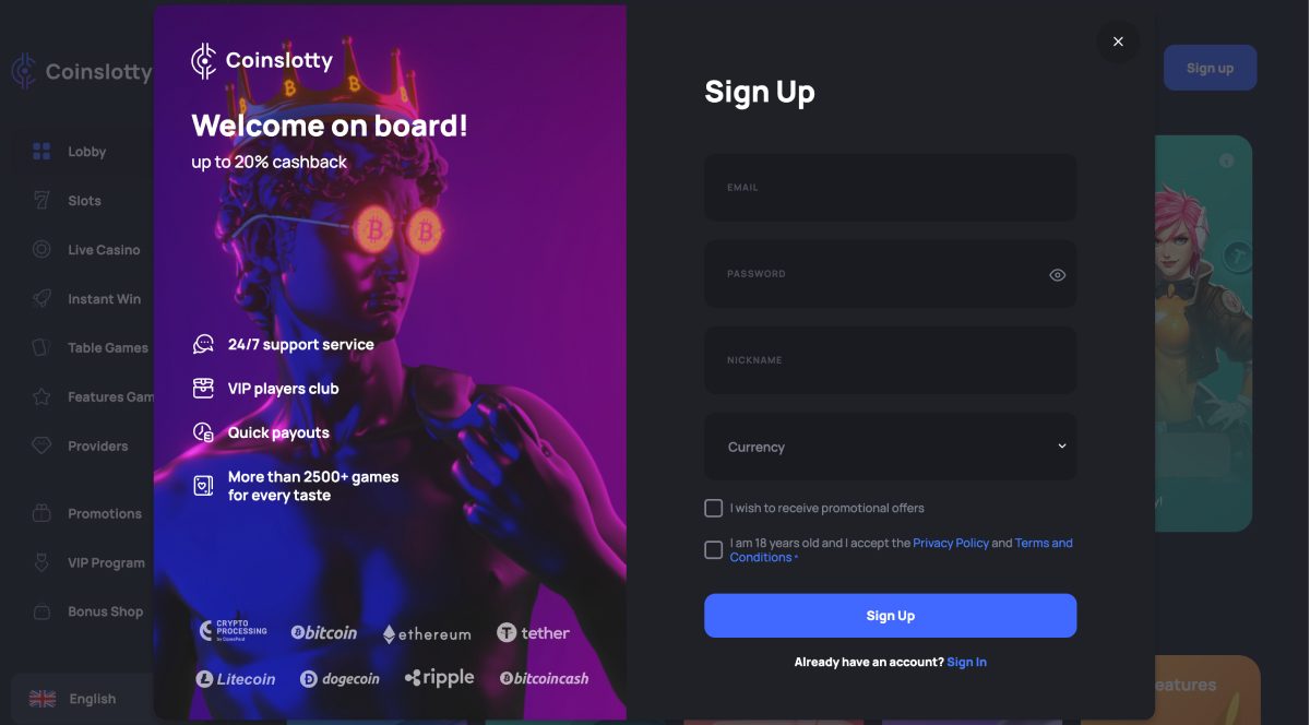 Coinslotty Casino Screenshot
