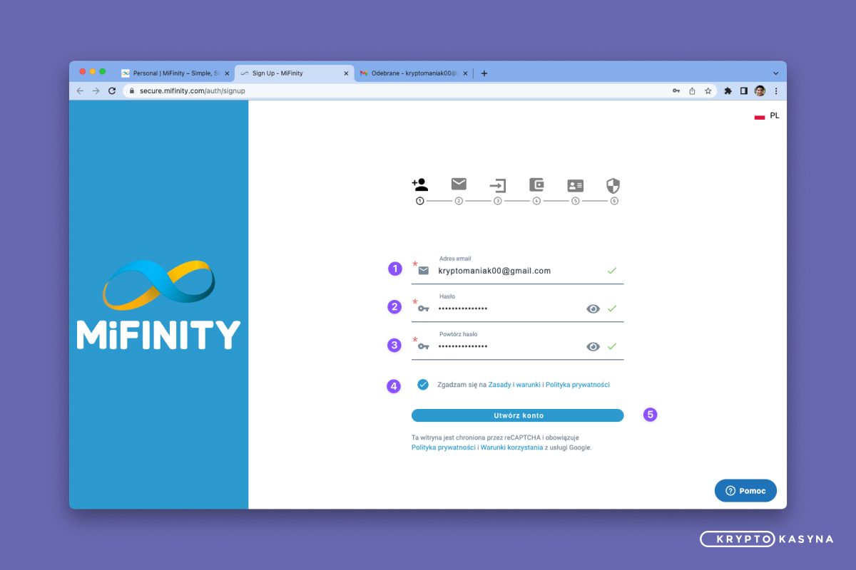 MiFinity Rejestracja - Dane uwierzetelniające