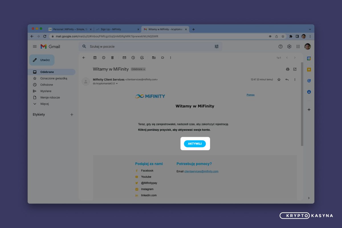 MiFinity Rejestracja - Aktywacja email
