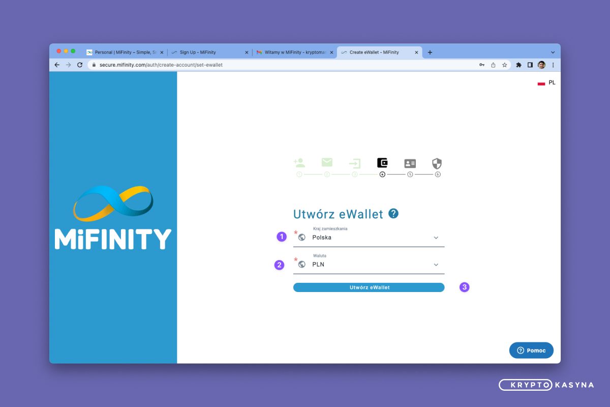 MiFinity Rejestracja - Kraj i waluta