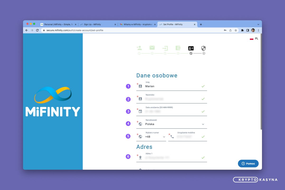 MiFinity Rejestracja - Dane personalne