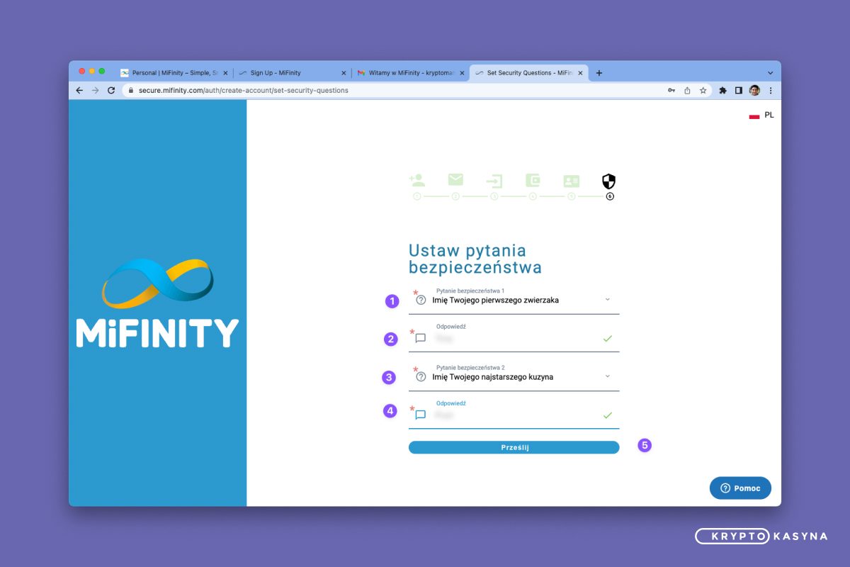 MiFinity Rejestracja - Pytanie bezpieczeństwa