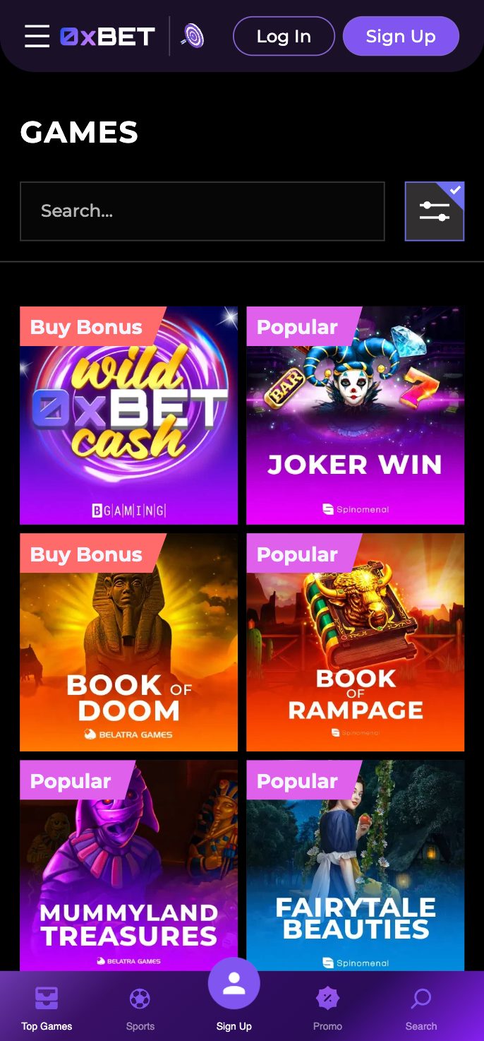 0xBet Casino Screenshot