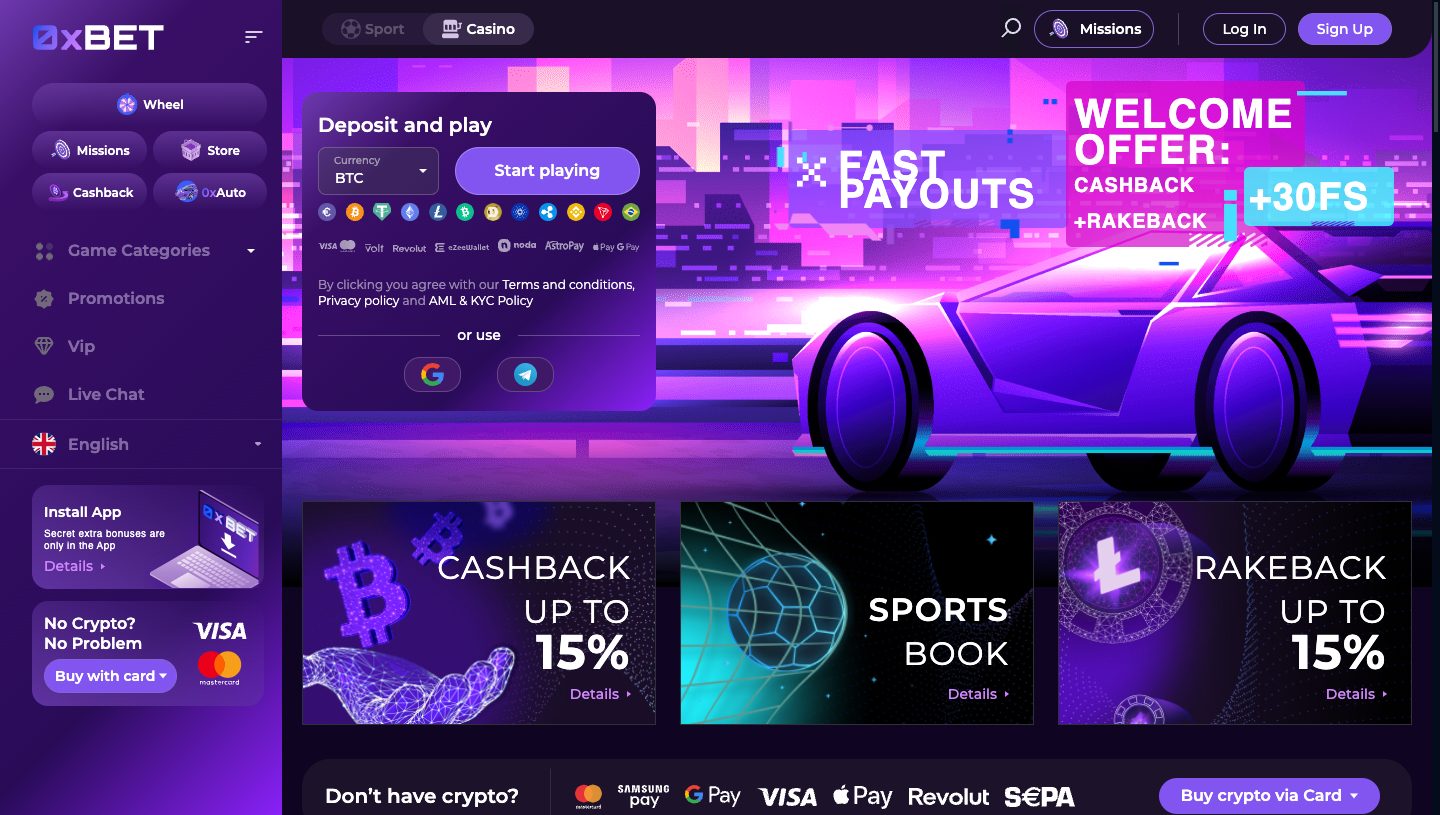 0xBet Casino Screenshot