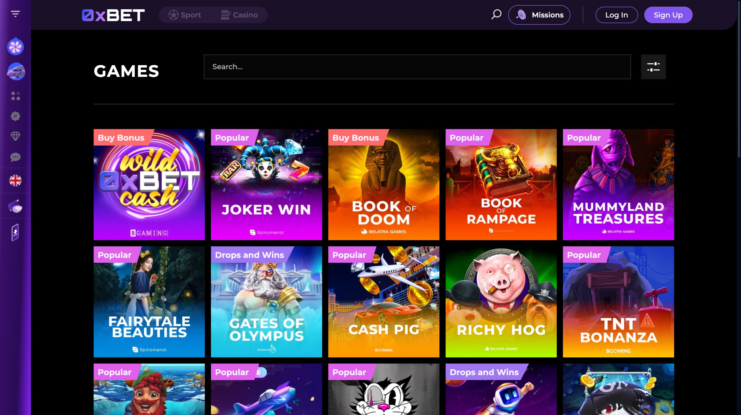 0xBet Casino Screenshot