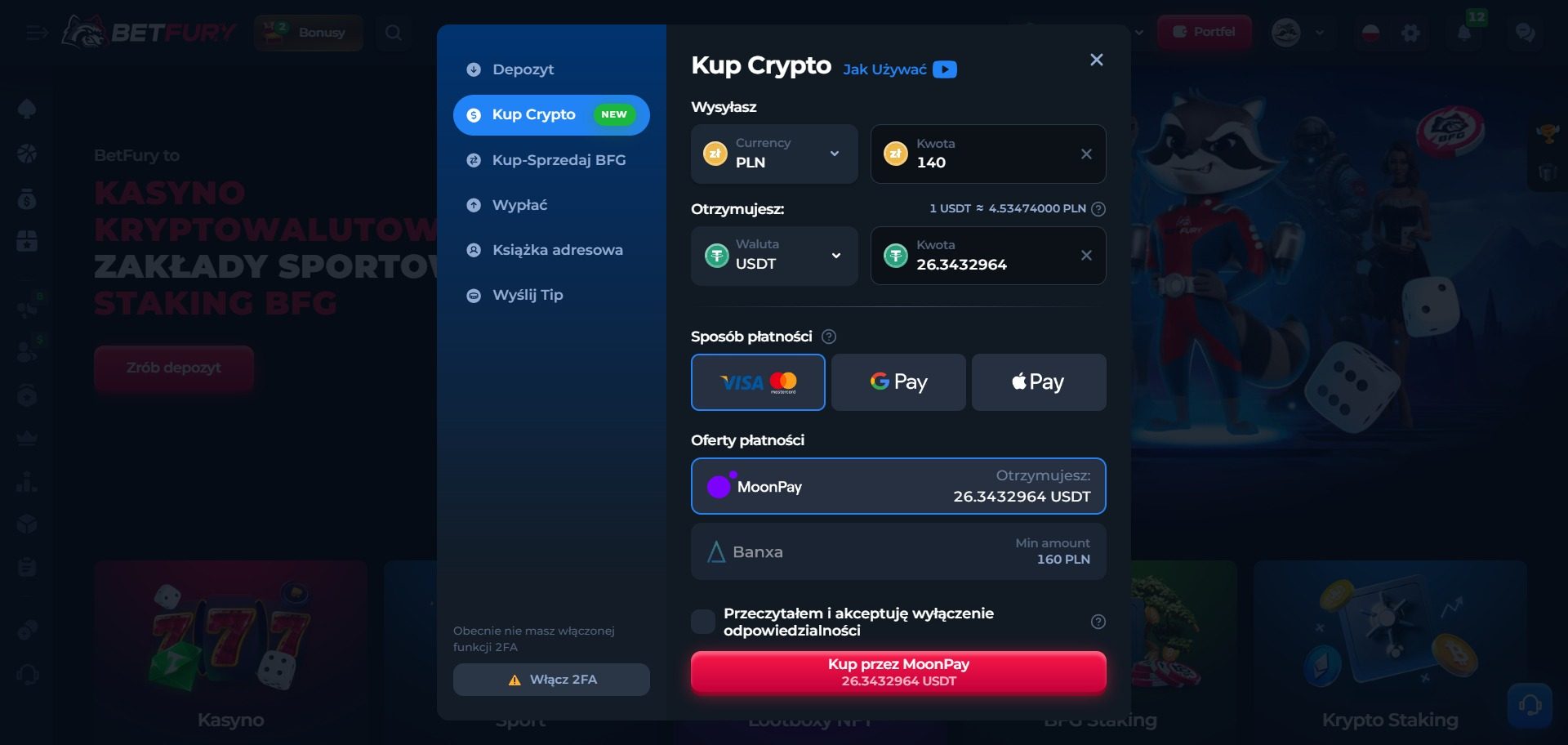 BetFury Kasyno Kupno kryptowalut