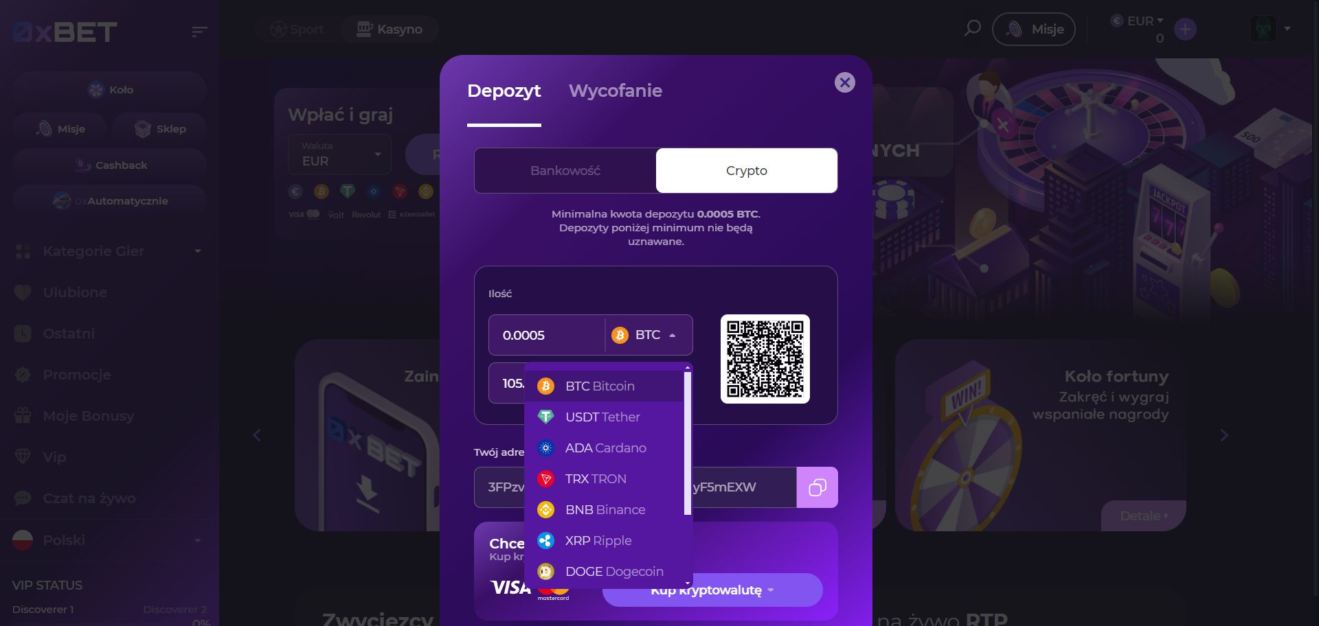 0xBet Kasyno Metody depozytu krypto