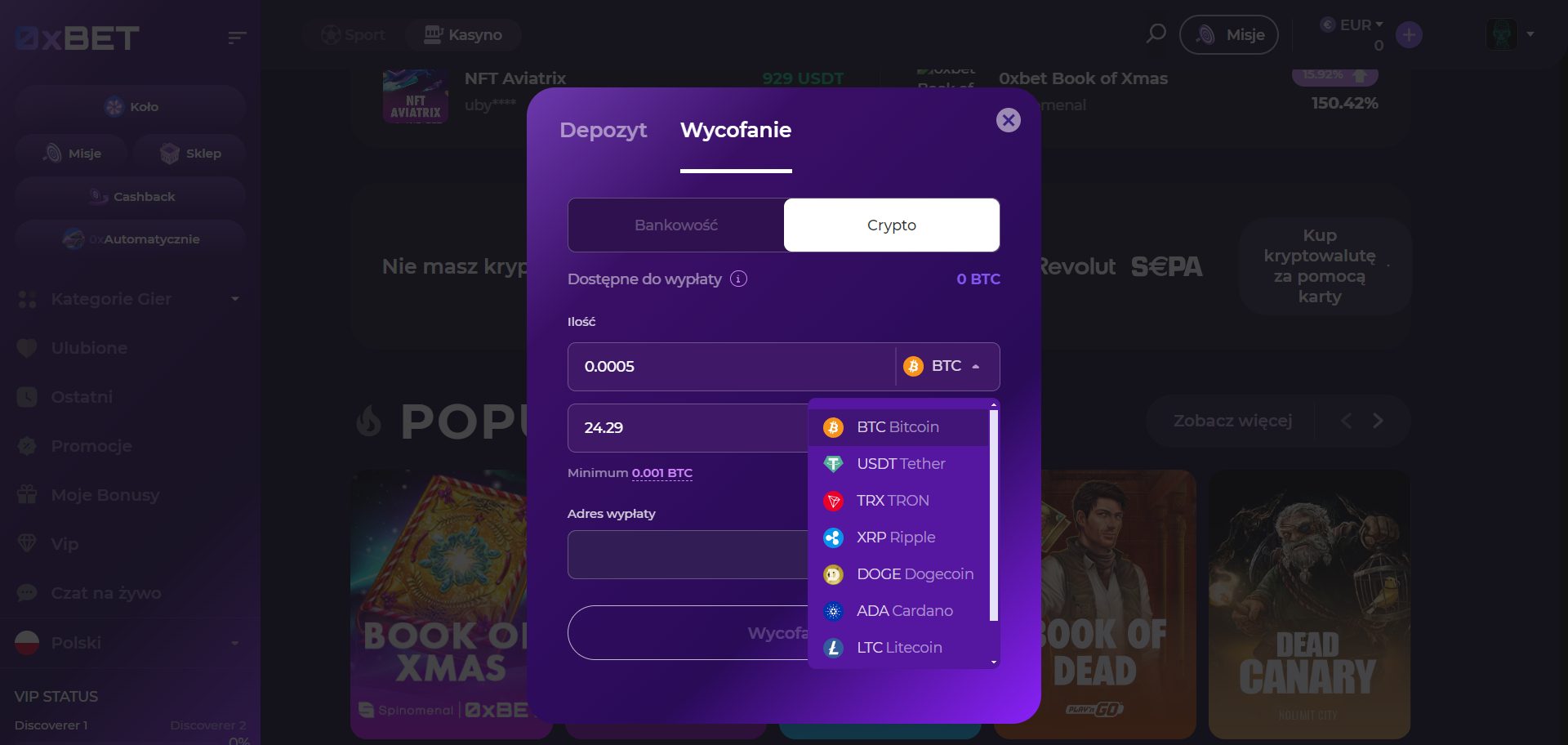 0xBet Kasyno Metody wypłaty kryptowalut
