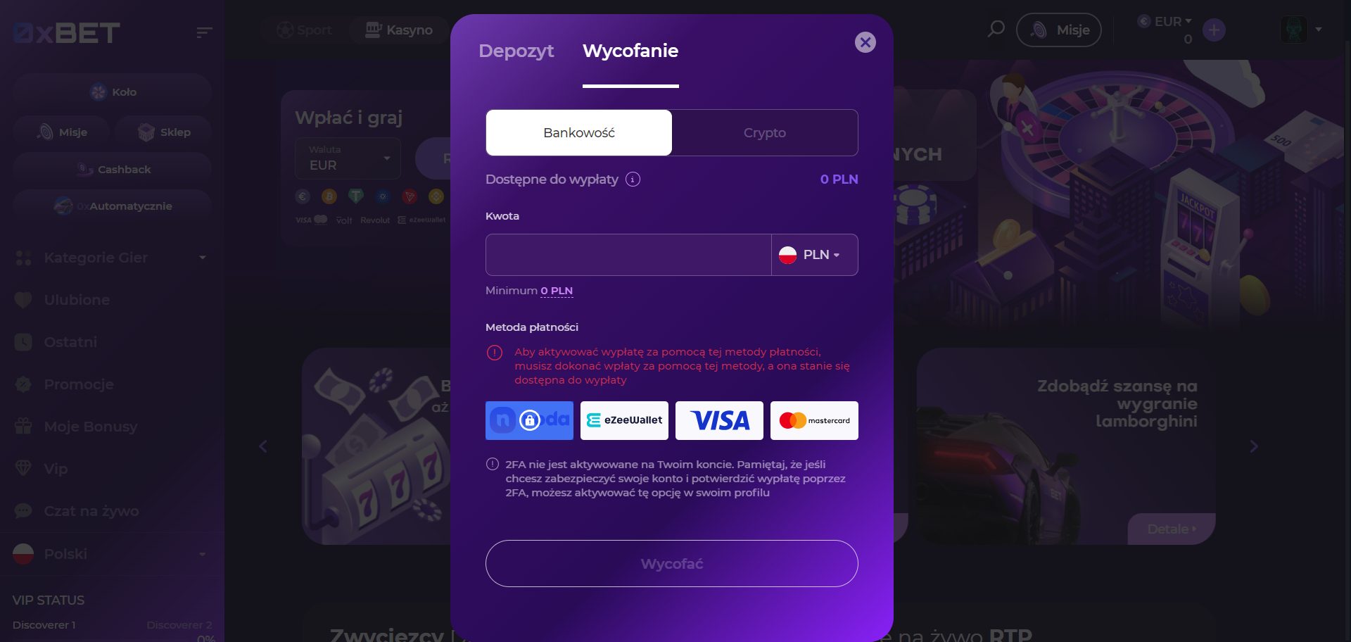 0xBet Kasyno Metody wypłaty