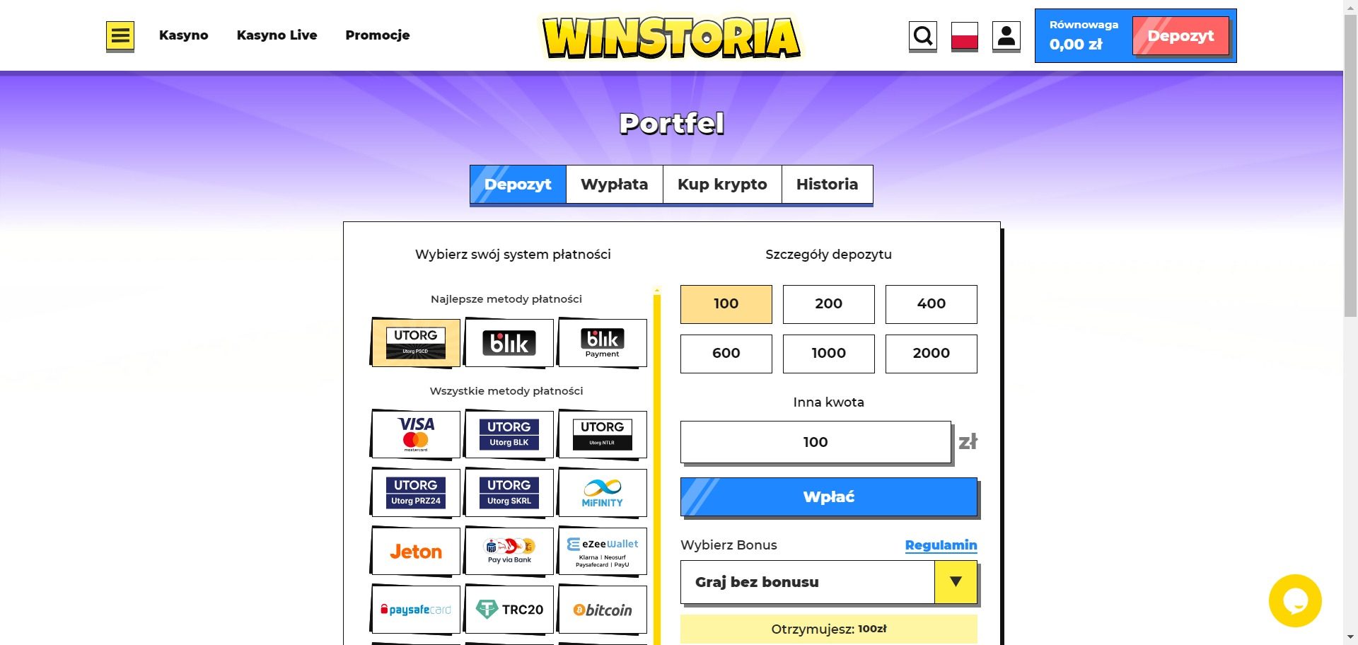 Winstoria Kasyno Metody depozytu