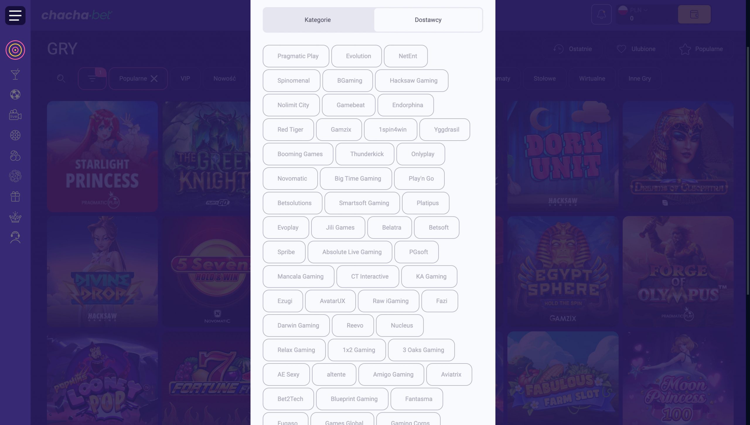 ChachaBet Casino Dostawcy gier