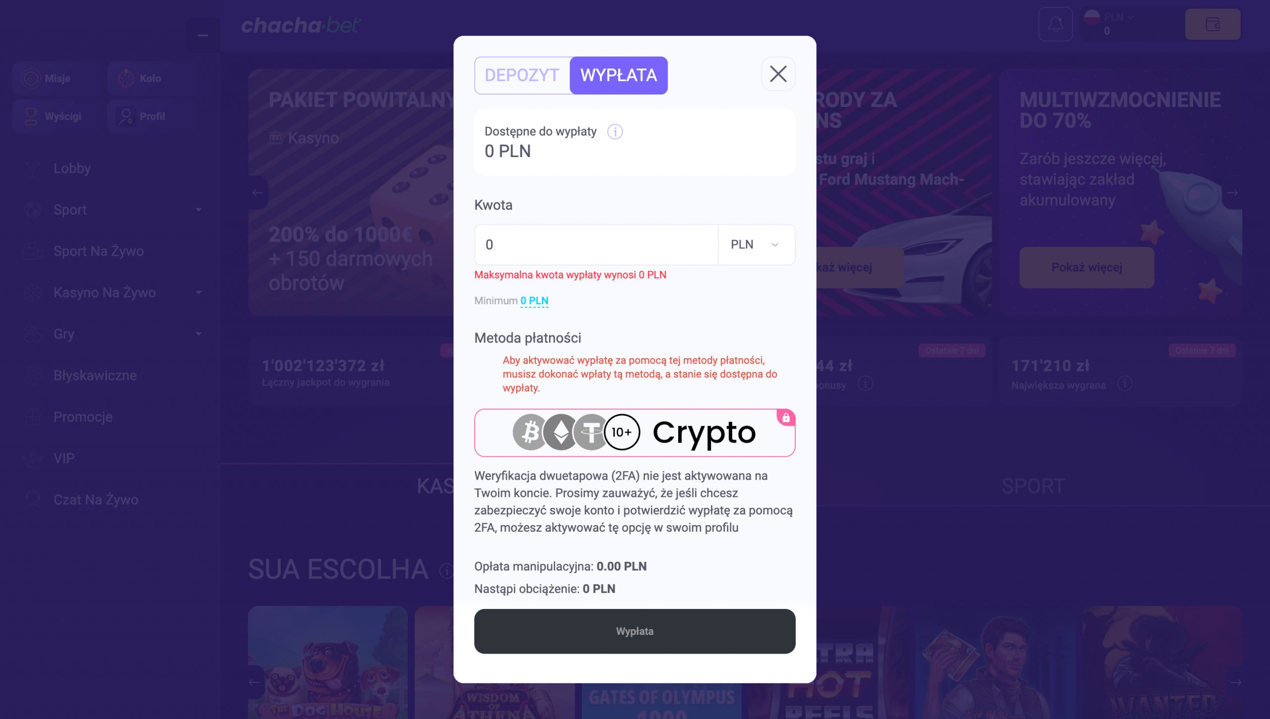 ChachaBet Casino Metody wypłaty