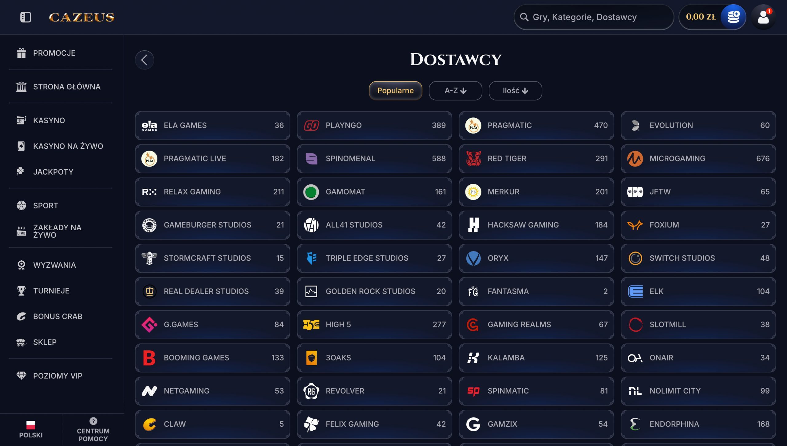 Cazeus Casino Dostawcy gier