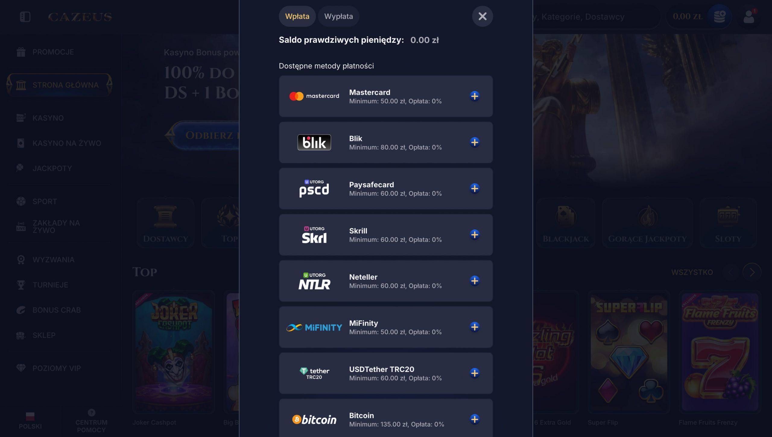 Cazeus Casino Metody depozytu