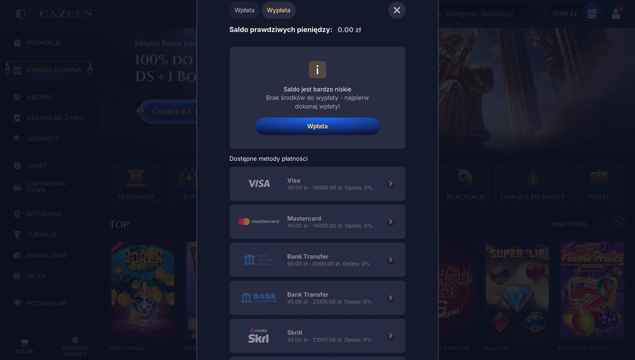 Cazeus Casino Metody wypłaty