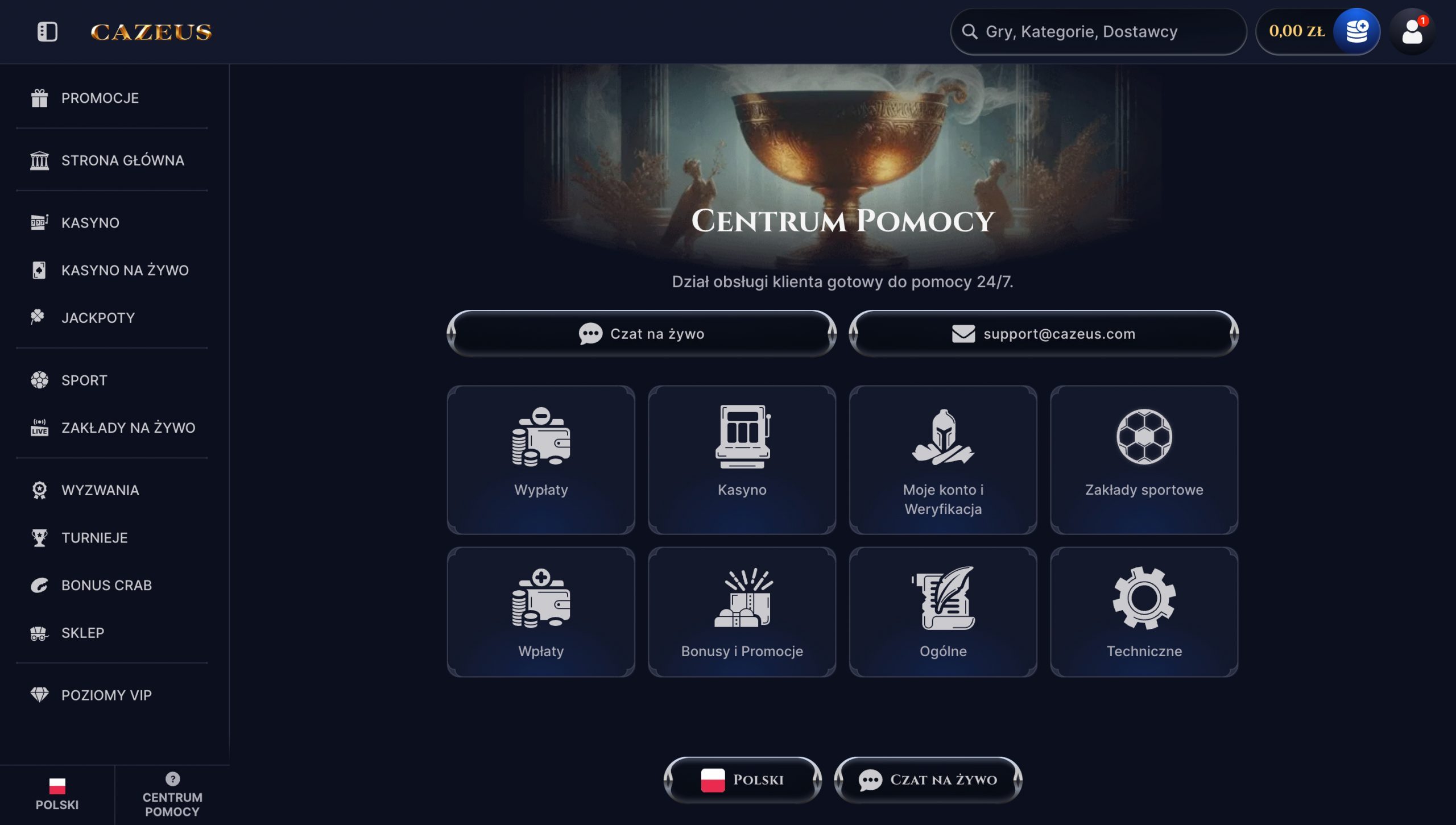 Cazeus Casino Obsługa klienta